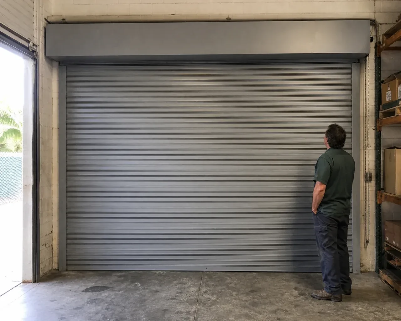 A person examines a closed metal rolling door with narrow horizontal slats, side guides and an overhead hood in a warehouse. — Commercial Rolling Door Repair, Toronto