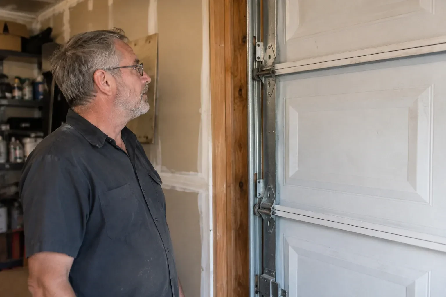 Technician looking at vertical garage door track and edge hinges. — Garage Door Track Repair or Replacement, Toronto